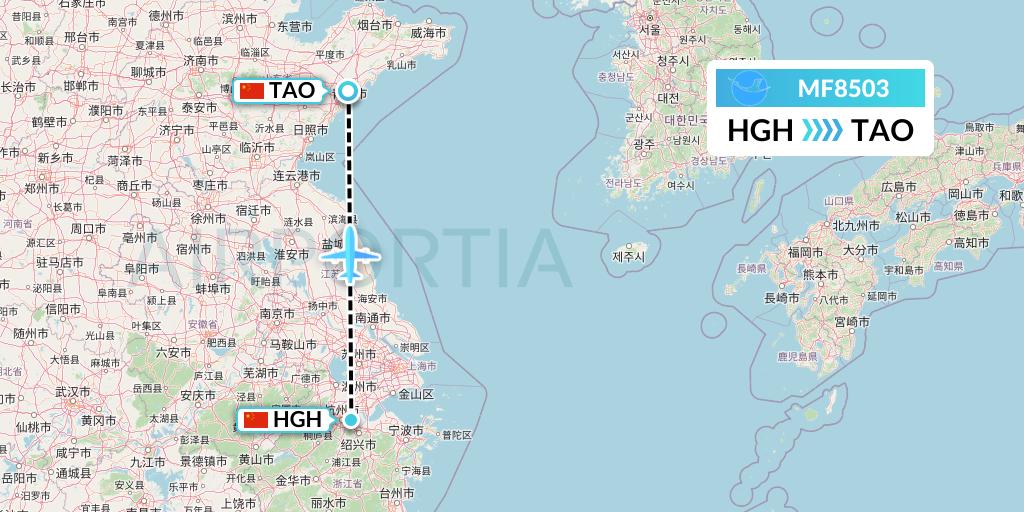 MF8503 Xiamen Airlines Flight Map: Hangzhou to Qingdao