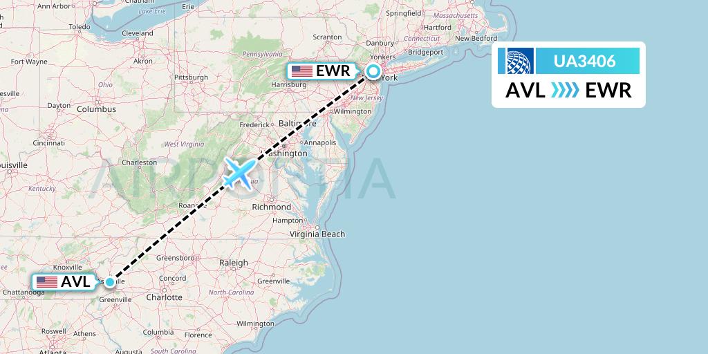 UA3406 United Airlines Flight Map: Asheville to New York
