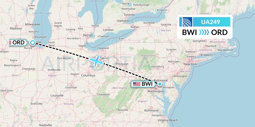 UA249 United Airlines Flight Map: Baltimore to Chicago