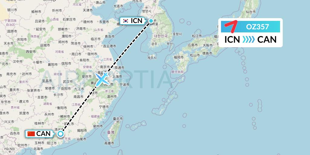 OZ357 Asiana Airlines Flight Map: Seoul to Guangzhou