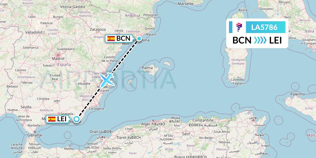 LA5786 LAN Airlines Flight Map: Barcelona to Almeria