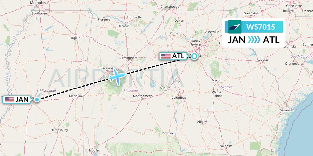 WS7015 WestJet Flight Map: Jackson to Atlanta