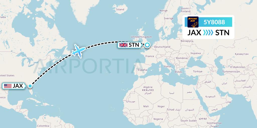 5Y8088 Atlas Air Flight Map: Jacksonville to London