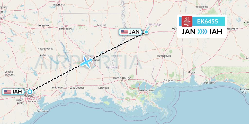 EK6455 Emirates Flight Map: Jackson to Houston