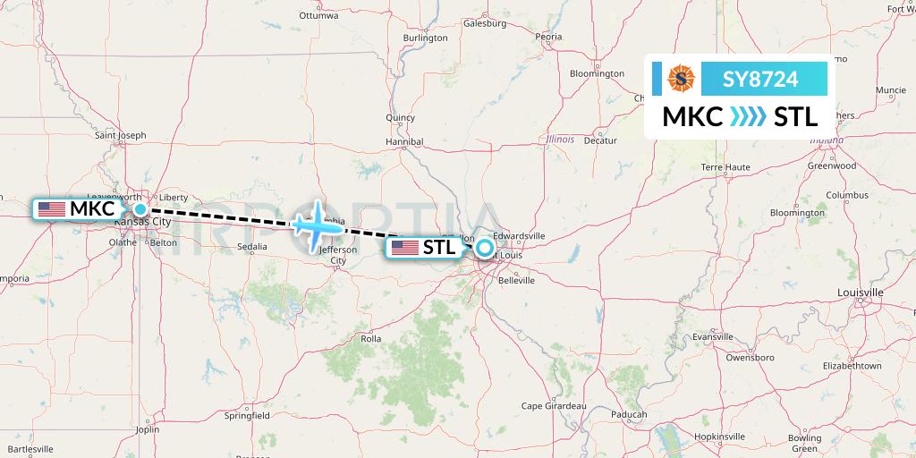 SY8724 Sun Country Airlines Flight Map: Kansas City to St. Louis