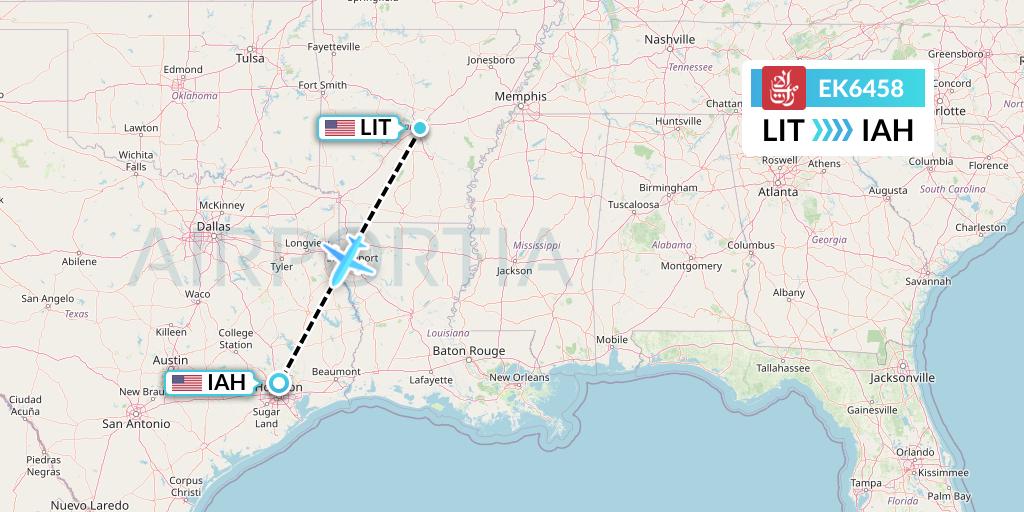 EK6458 Emirates Flight Map: Little Rock to Houston