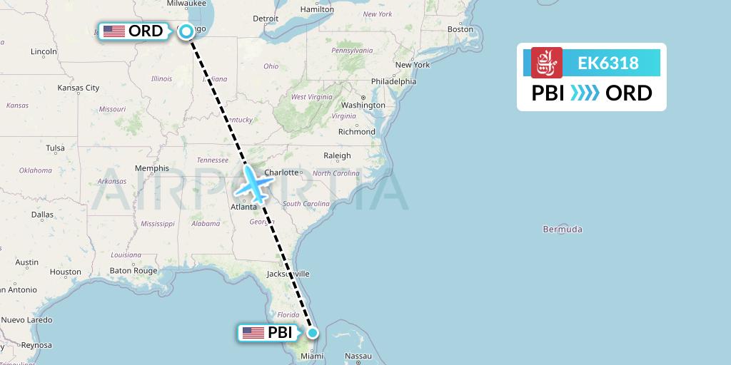 EK6318 Emirates Flight Map: West Palm Beach to Chicago