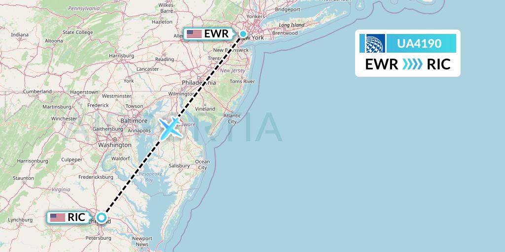 UA4190 United Airlines Flight Map: New York to Richmond
