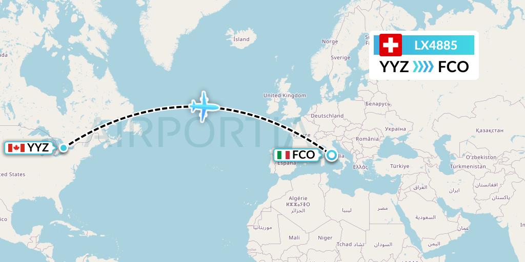 LX4885 Swiss Flight Map: Toronto to Rome