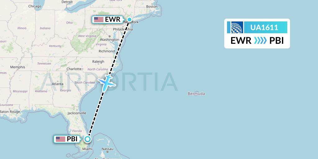 UA1611 United Airlines Flight Map: New York to West Palm Beach