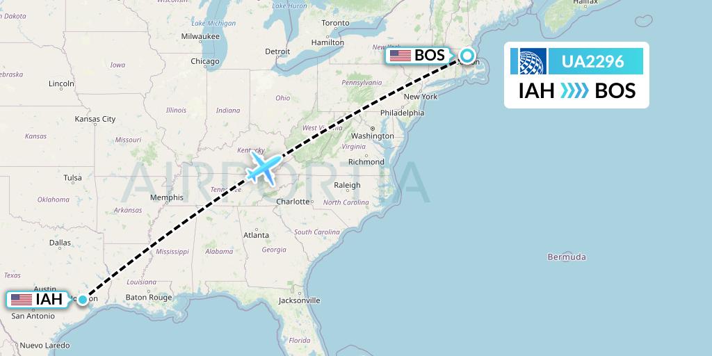 UA2296 United Airlines Flight Map: Houston to Boston