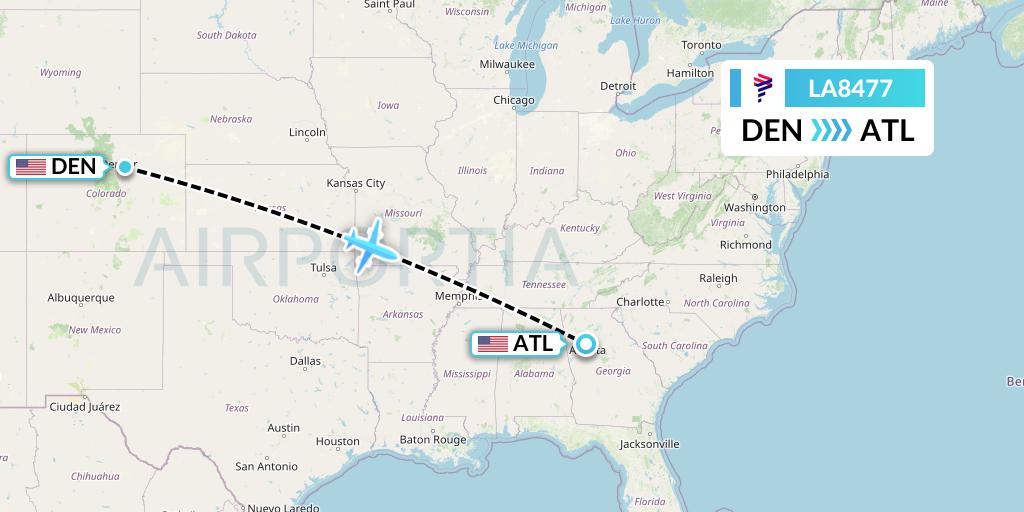 LA8477 LAN Airlines Flight Map: Denver to Atlanta