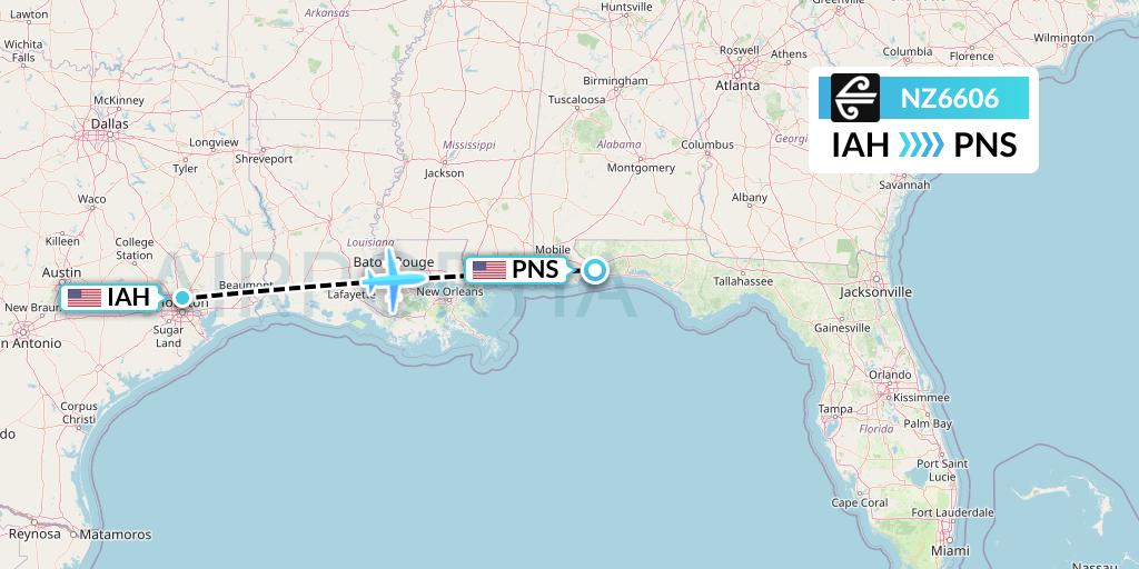 NZ6606 Air New Zealand Flight Map: Houston to Pensacola