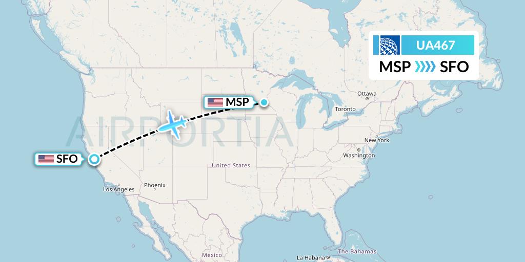 UA467 United Airlines Flight Map: Minneapolis to San Francisco