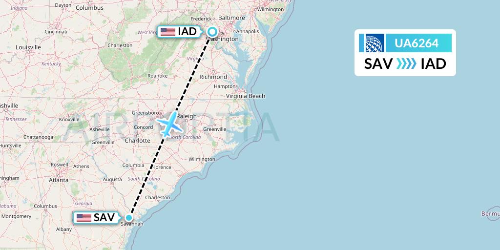 UA6264 United Airlines Flight Map: Savannah to Washington