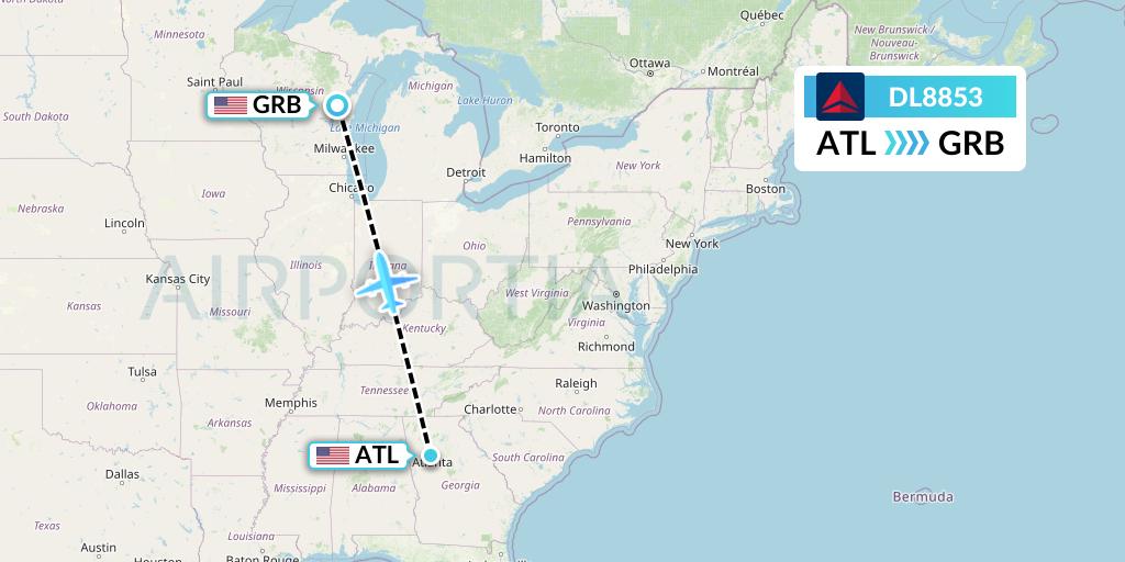 DL8853 Delta Air Lines Flight Map: Atlanta to Green Bay
