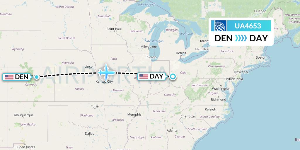 UA4653 United Airlines Flight Map: Denver to Dayton