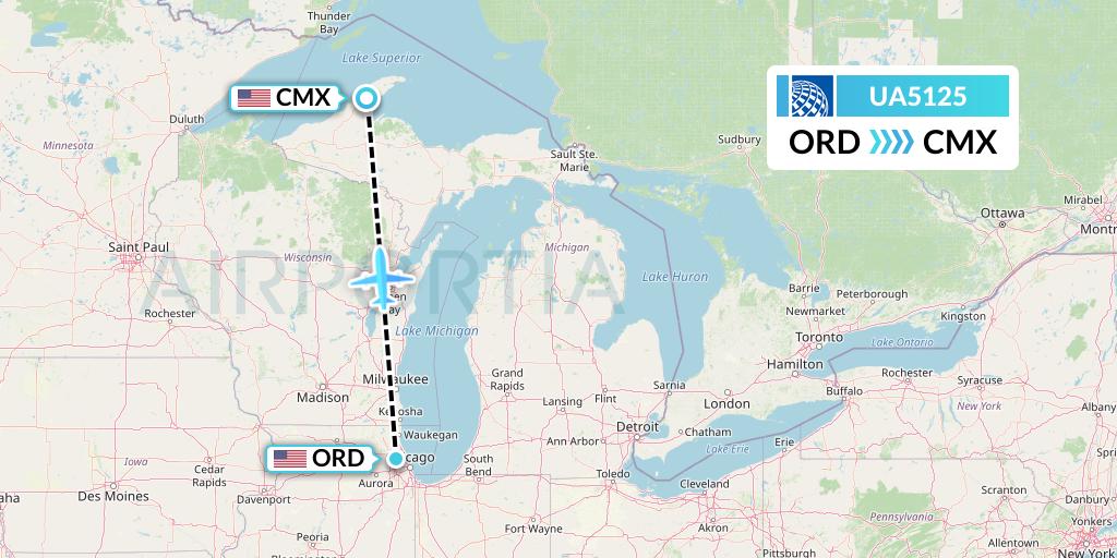UA5125 United Airlines Flight Map: Chicago to Hancock
