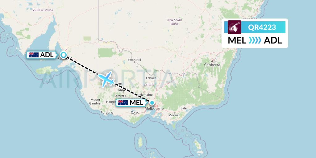 QR4223 Qatar Airways Flight Map: Melbourne to Adelaide