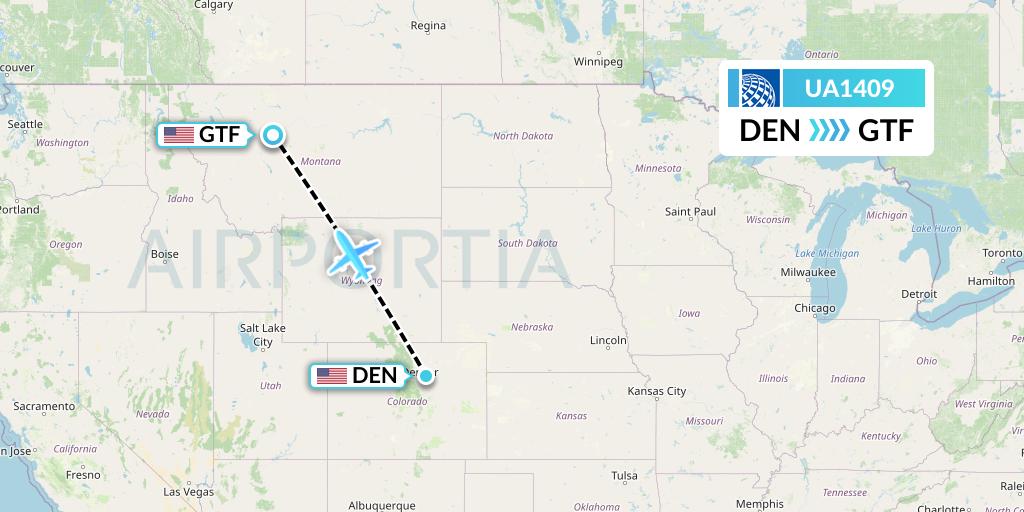 UA1409 United Airlines Flight Map: Denver to Great Falls