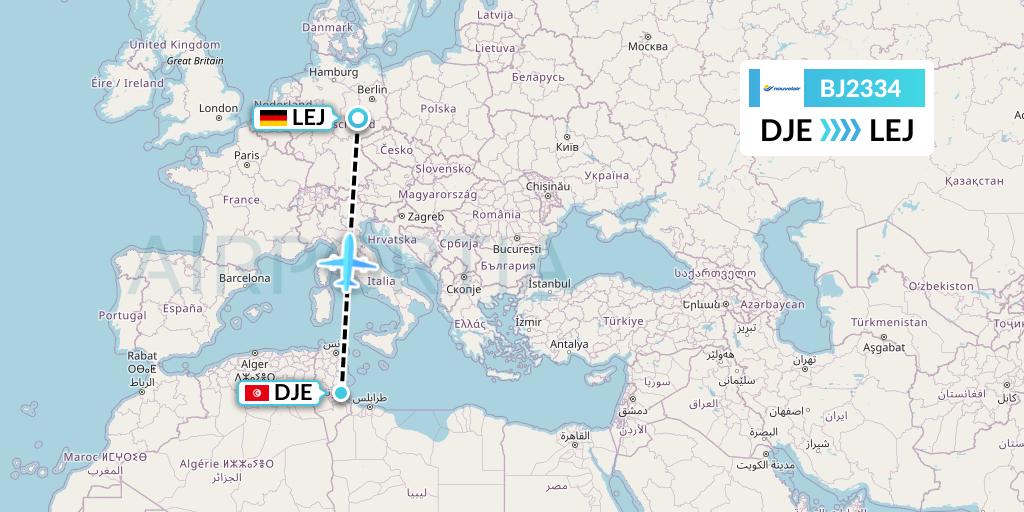 BJ2334 Nouvelair Tunisie Flight Map: Djerba to Leipzig