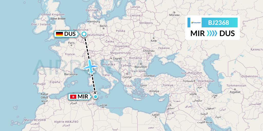 BJ2368 Nouvelair Tunisie Flight Map: Monastir to Dusseldorf