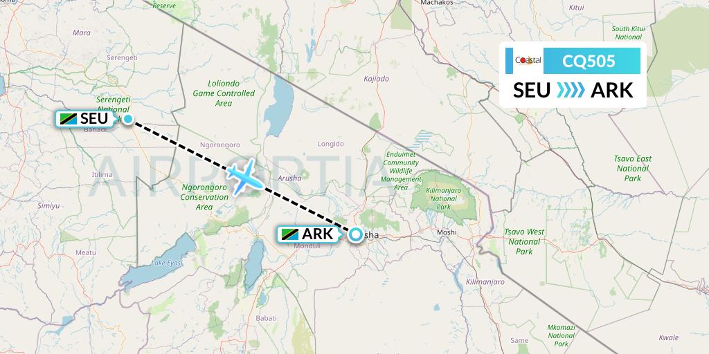 CQ505 Coastal Aviation Flight Map: Seronera to Arusha