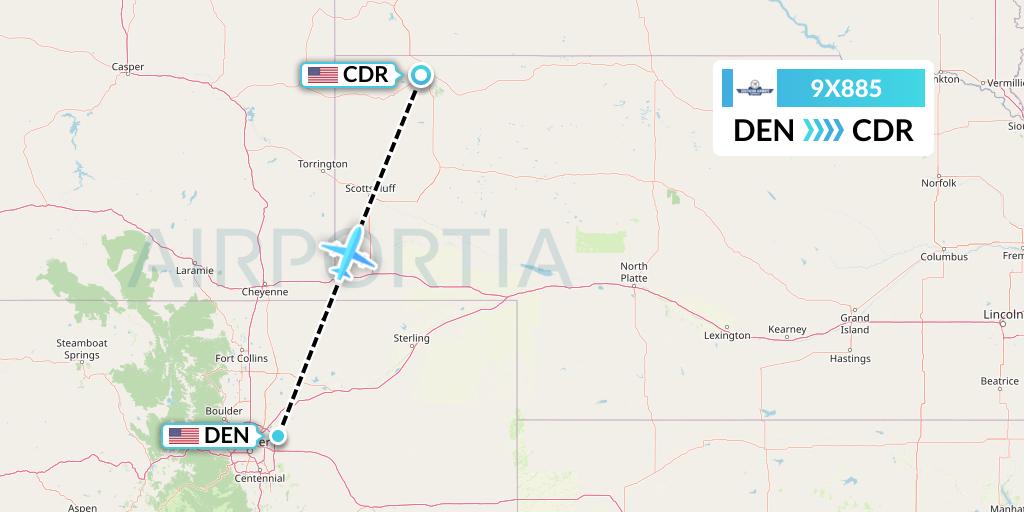 9X885 Southern Airways Express Flight Map: Denver to Chadron