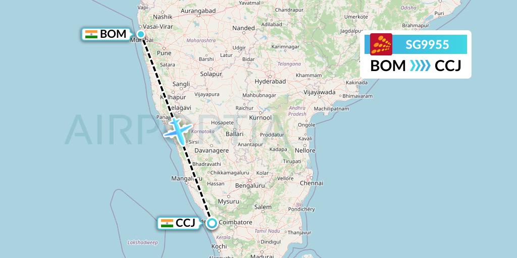 SG9955 SpiceJet Flight Map: Mumbai to Kozhikode