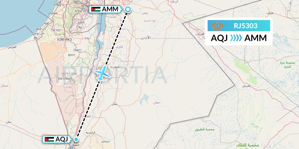 RJ5303 Royal Jordanian Flight Map: Aqaba to Amman