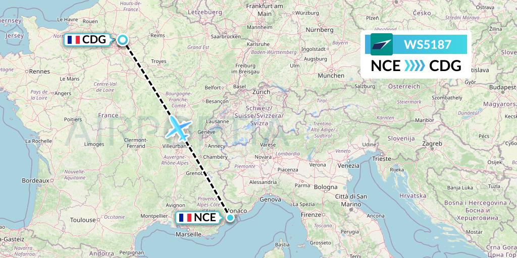 WS5187 WestJet Flight Map: Nice to Paris