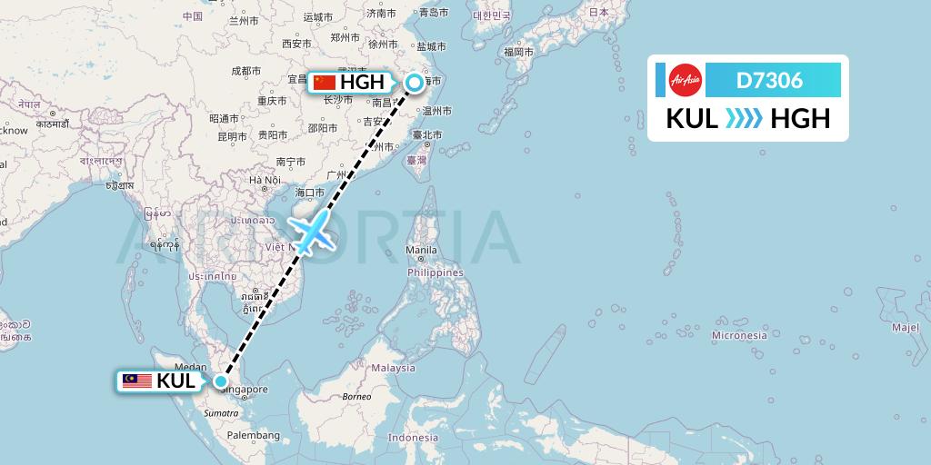 D7306 AirAsia X Flight Map: Kuala Lumpur to Hangzhou