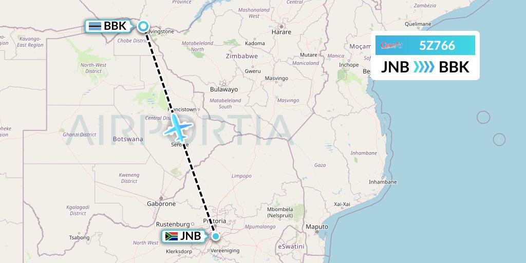 5Z766 CemAir Flight Map: Johannesburg to Kasane