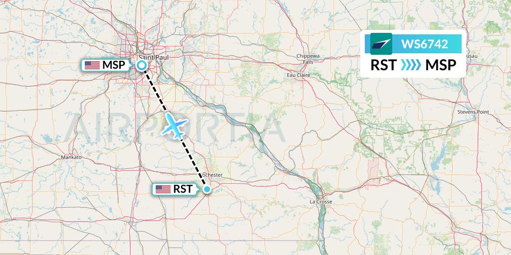 WS6742 WestJet Flight Map: Rochester to Minneapolis