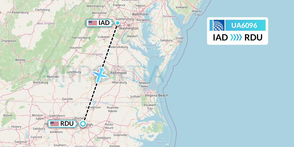 UA6096 United Airlines Flight Map: Washington to Raleigh-Durham