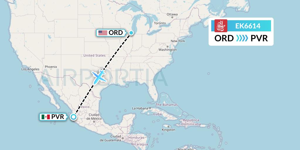 EK6614 Emirates Flight Map: Chicago to Puerto Vallarta