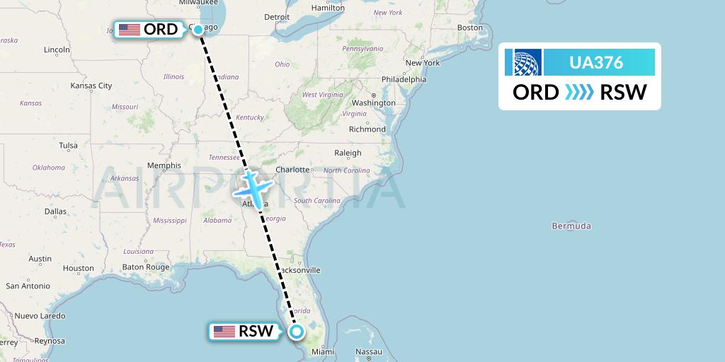 UA376 United Airlines Flight Map: Chicago to Fort Myers