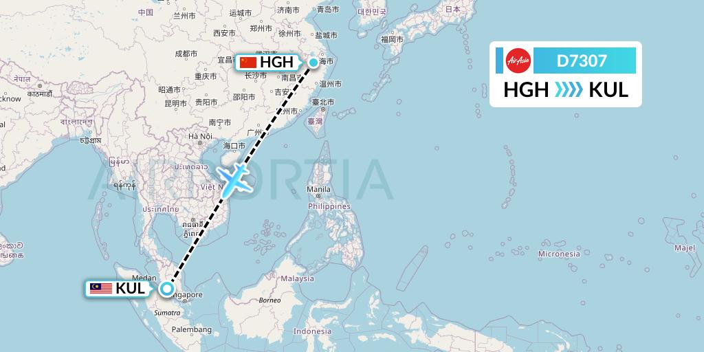 D7307 AirAsia X Flight Map: Hangzhou to Kuala Lumpur