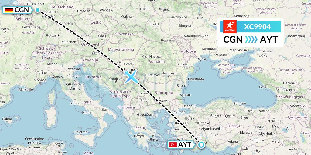XC9904 Corendon Airlines Flight Map: Cologne to Antalya