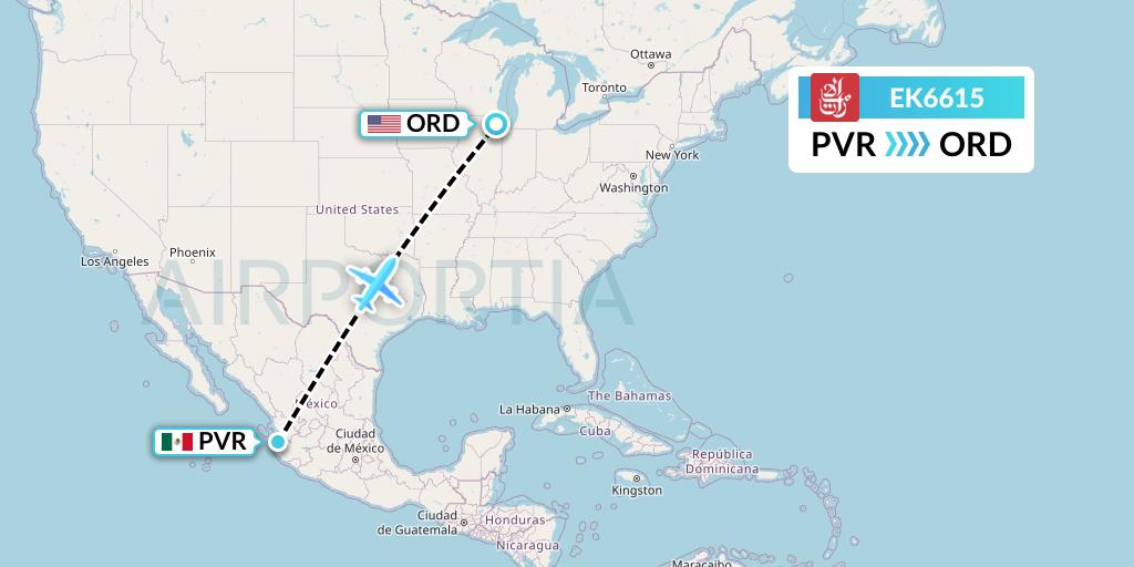 EK6615 Emirates Flight Map: Puerto Vallarta to Chicago