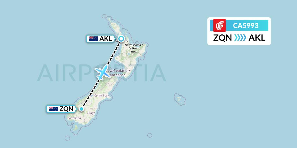 CA5993 Air China Flight Map: Queenstown to Auckland