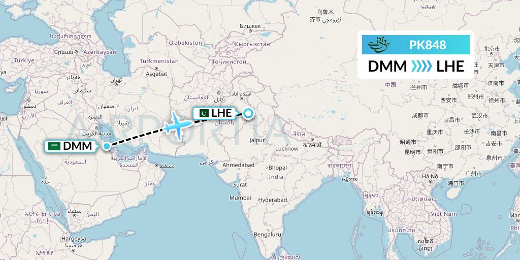 PK848 Pakistan International Airlines Flight Map: Dammam to Lahore