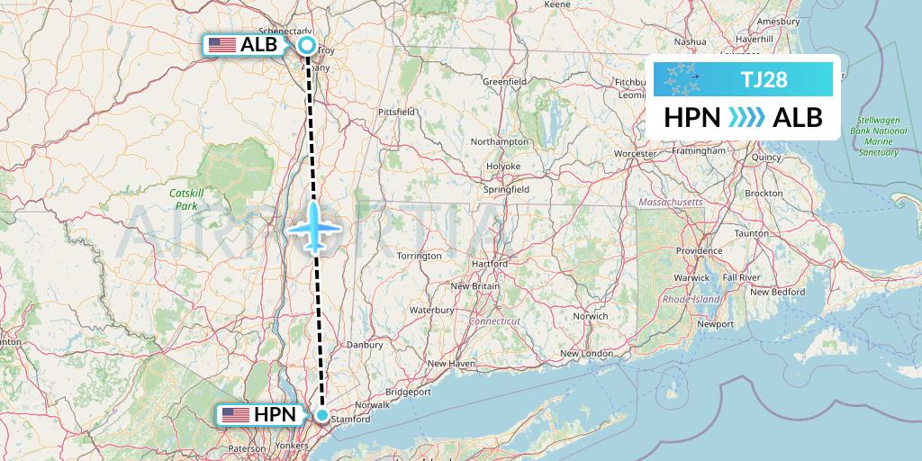 TJ28 Tradewind Aviation Flight Map: White Plains to Albany