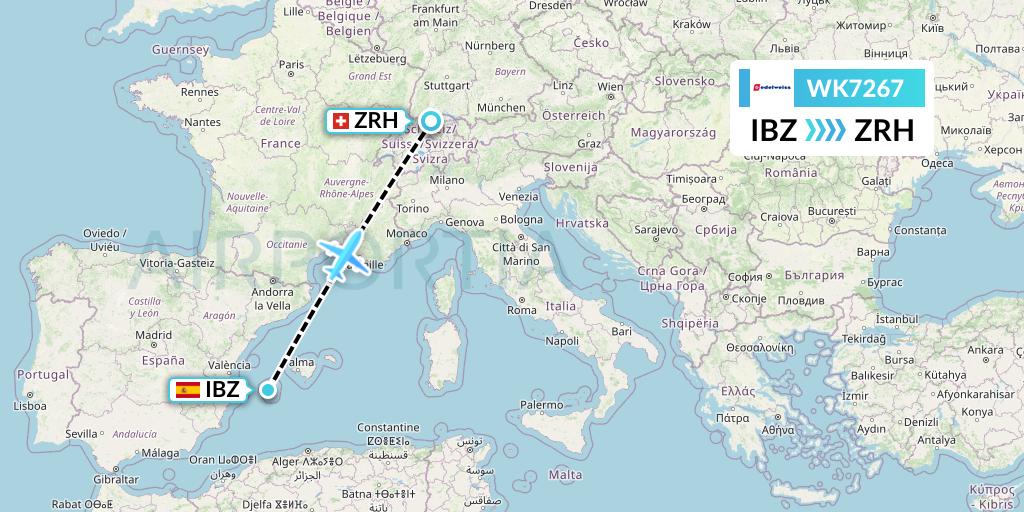 WK7267 Edelweiss Air Flight Map: Ibiza to Zurich