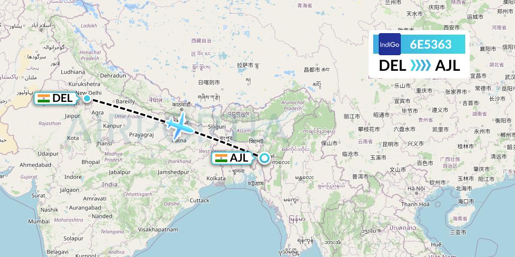 6E5363 IndiGo Airlines Flight Map: Delhi to Aizawl
