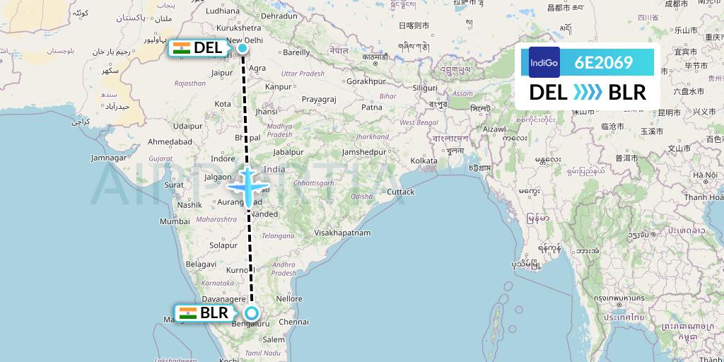 6E2069 IndiGo Airlines Flight Map: Delhi to Bangalore