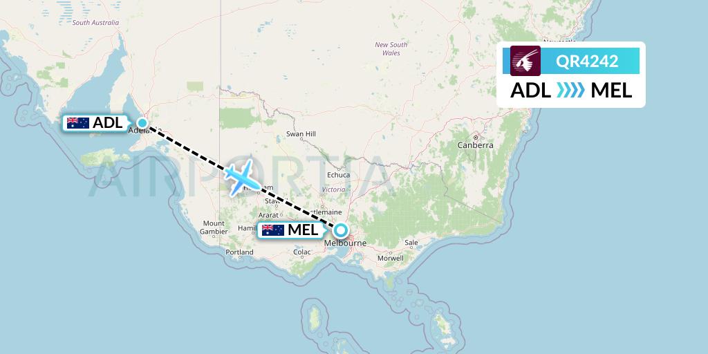 QR4242 Qatar Airways Flight Map: Adelaide to Melbourne