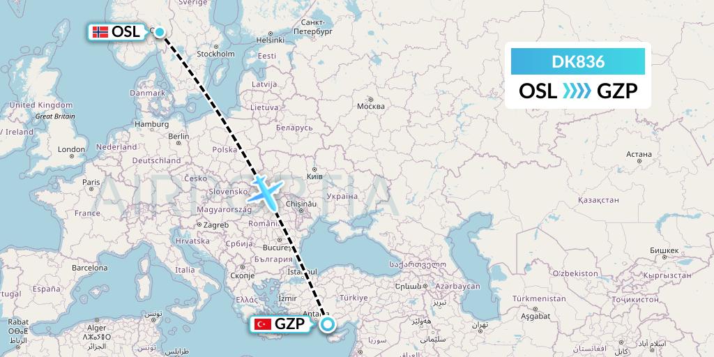 DK836 Thomas Cook Airlines Scandinavia Flight Map: Oslo to Gazipasa