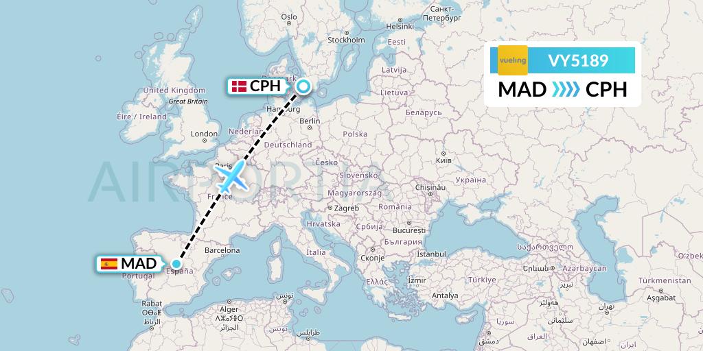 VY5189 Vueling Flight Map: Madrid to Copenhagen