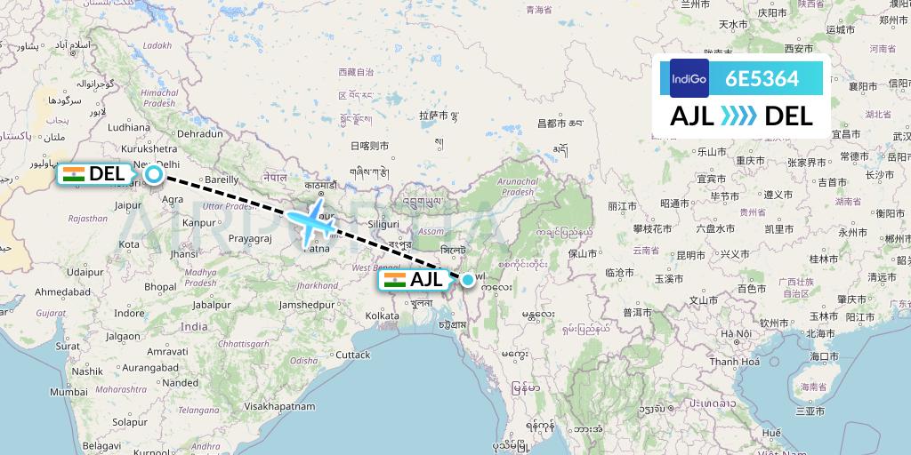 6E5364 IndiGo Airlines Flight Map: Aizawl to Delhi